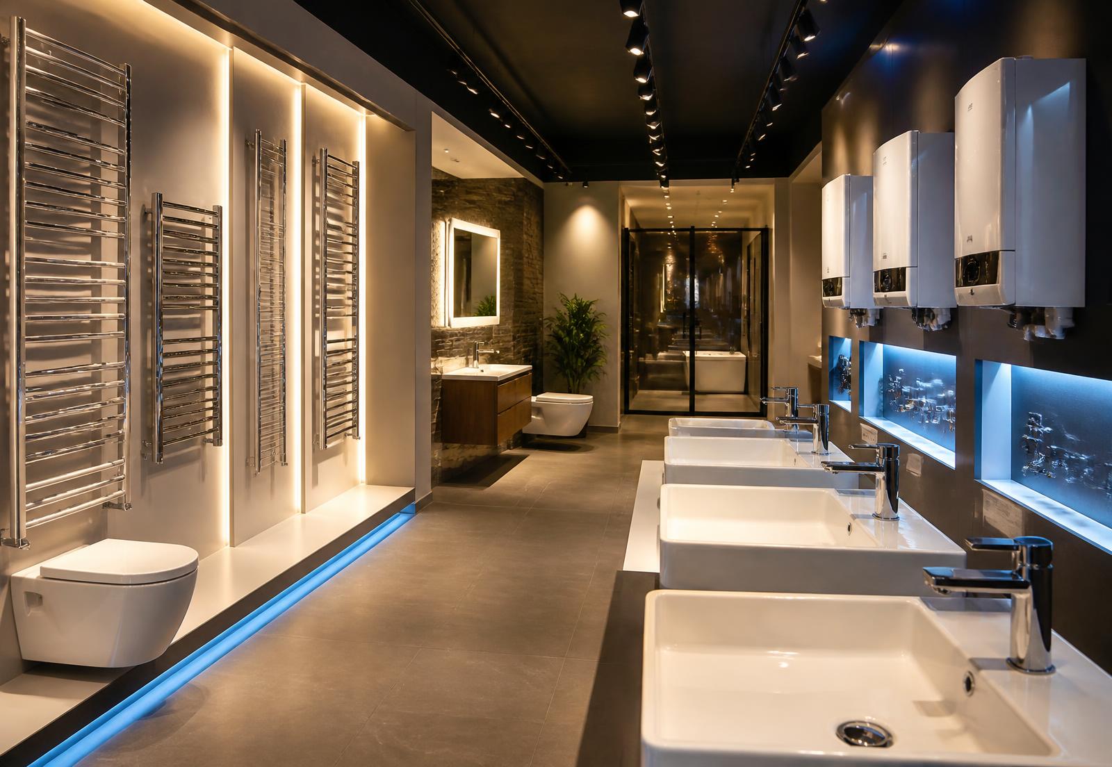 Showroom RCI Climasistemi con sanitari, rubinetteria e caldaie in esposizione